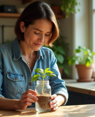 Femme plantant une jeune pousse dans un verre d'eau