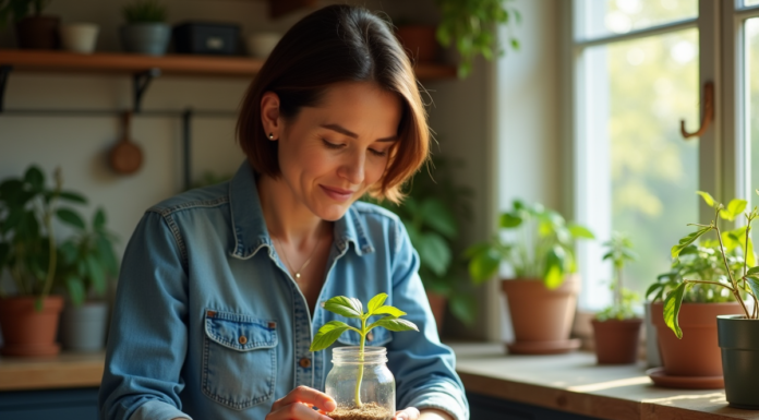 Femme plantant une jeune pousse dans un verre d'eau
