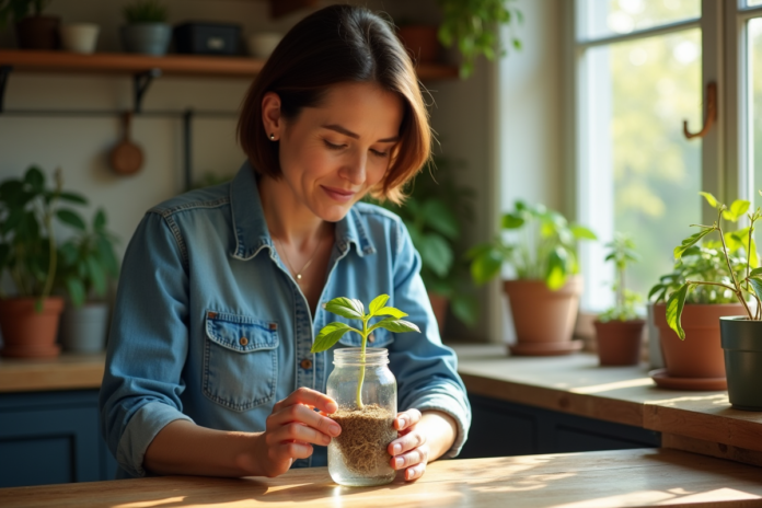 Femme plantant une jeune pousse dans un verre d'eau