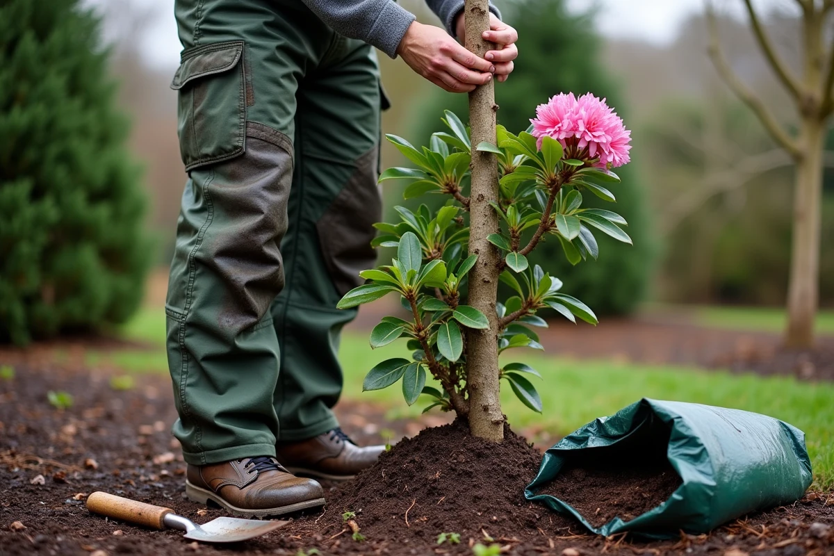 Rhododendron planté trop profond dans le sol avec un tuteur mal positionné, erreur fréquente de plantation en pleine terre