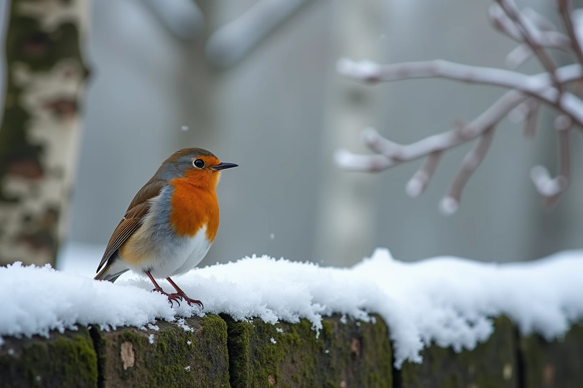 Rouge-gorge sur un muret de pierre enneigé en forêt hivernale, symbolisant la résilience et l'énergie intérieure