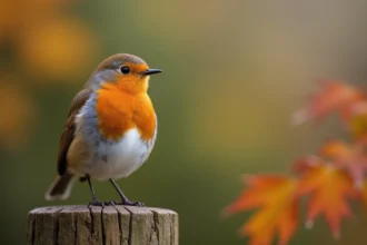 Rouge-gorge posé sur un piquet de clôture en bois dans un jardin automnal brumeux, poitrine orange vif en gros plan