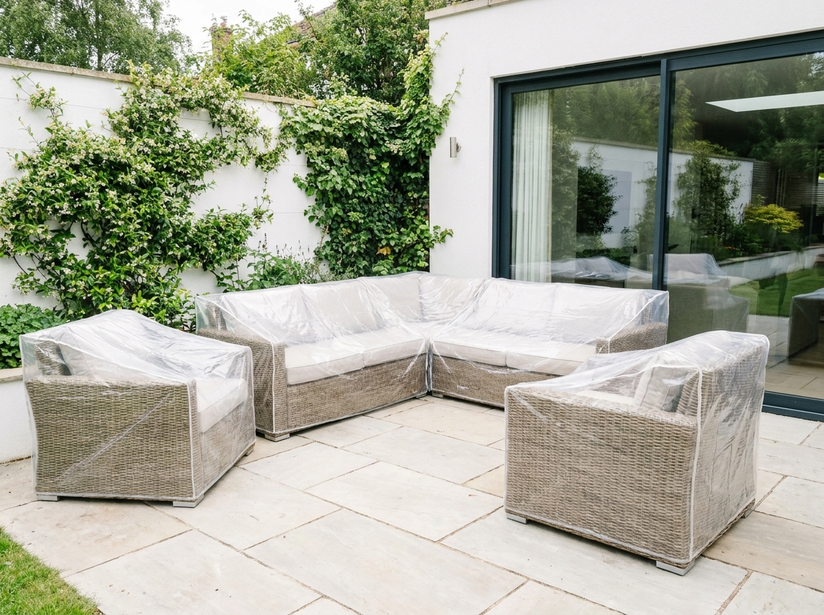 Salon de jardin en rotin recouvert de housses transparentes sur une terrasse lumineuse avec mur blanchi