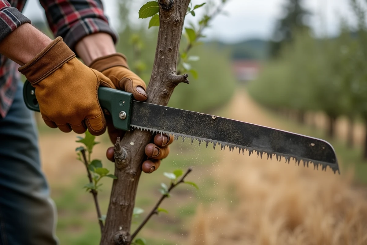 Gros plan sur une scie d'élagage professionnelle coupant une branche d'arbre fruitier dans un verger