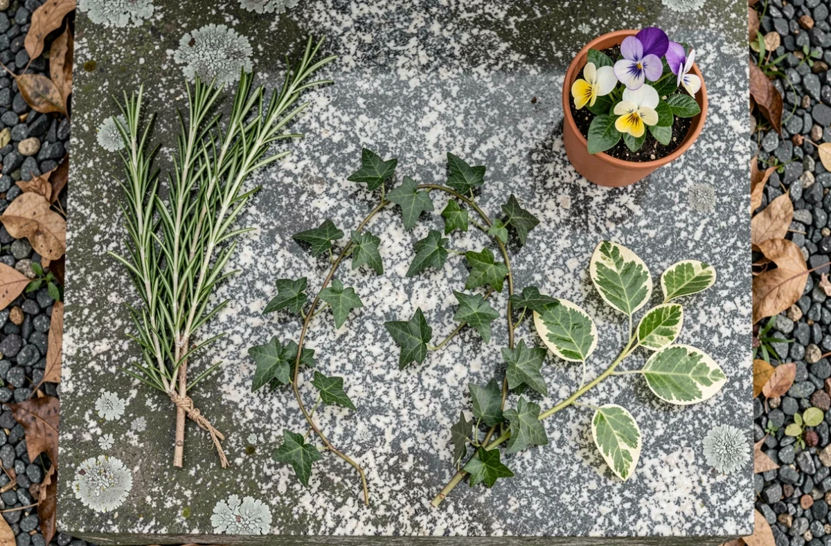 Vue du dessus de plantes d'hiver pour cimetière disposées sur une dalle de granit, incluant lierre, pensées, romarin et euonymus