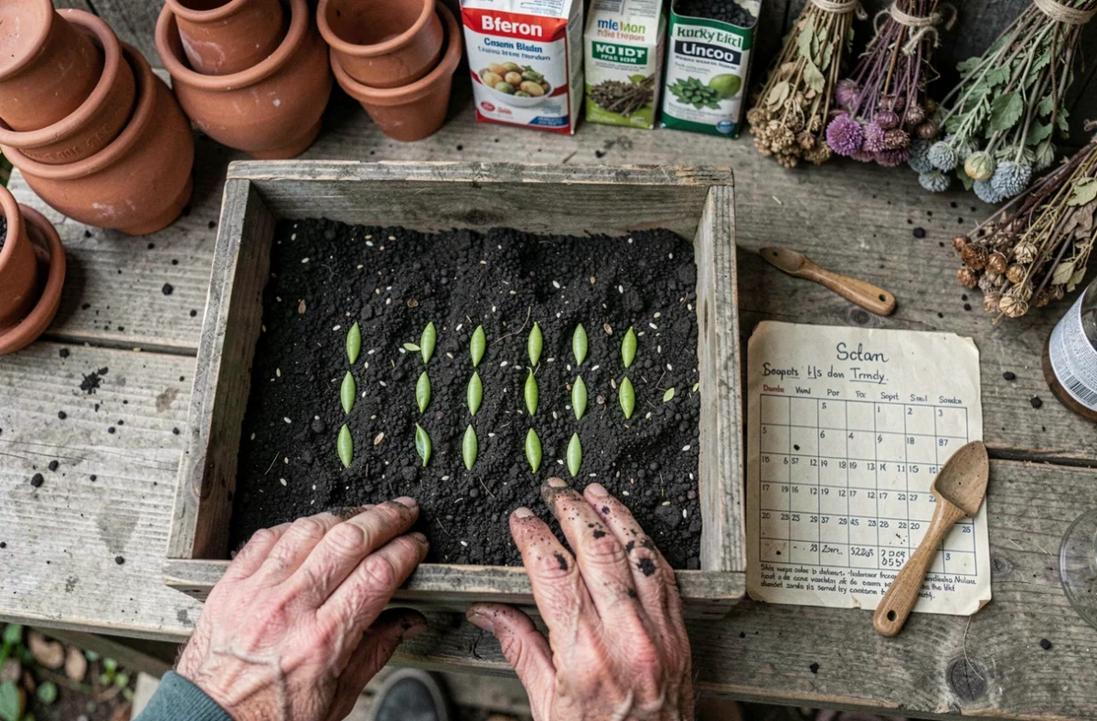 Plateau de semis de haricots biologiques avec calendrier lunaire et outils de jardinage rustiques