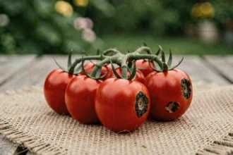 Tomates cerises sur la vigne présentant des taches noires de pourriture apicale sur fond de jardin flou