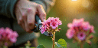 Mains de jardinier taillant un geranium sain en extérieur