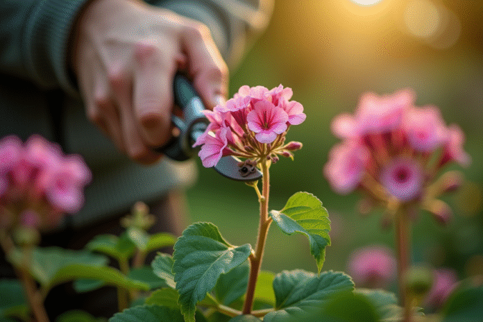 taille-geranium-pruning Mains de jardinier taillant un geranium sain en extérieur
