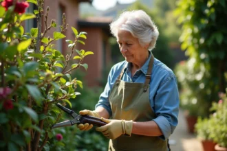 Femme taillant un hibiscus ancien aux tiges ligneuses dans un jardin avec des sécateurs, rajeunissement de la plante