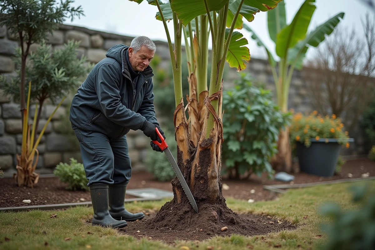 Homme coupant la tige principale d'un bananier à ras du sol pour l'hivernage dans un jardin européen avec givre