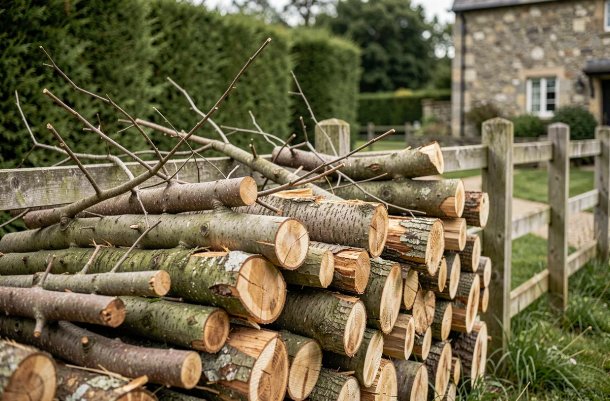 Tas de branches d'élagage empilées contre une clôture en bois dans un jardin de campagne
