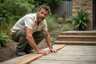 Homme posant des lames de bois recyclé sur une terrasse écologique dans un jardin naturel