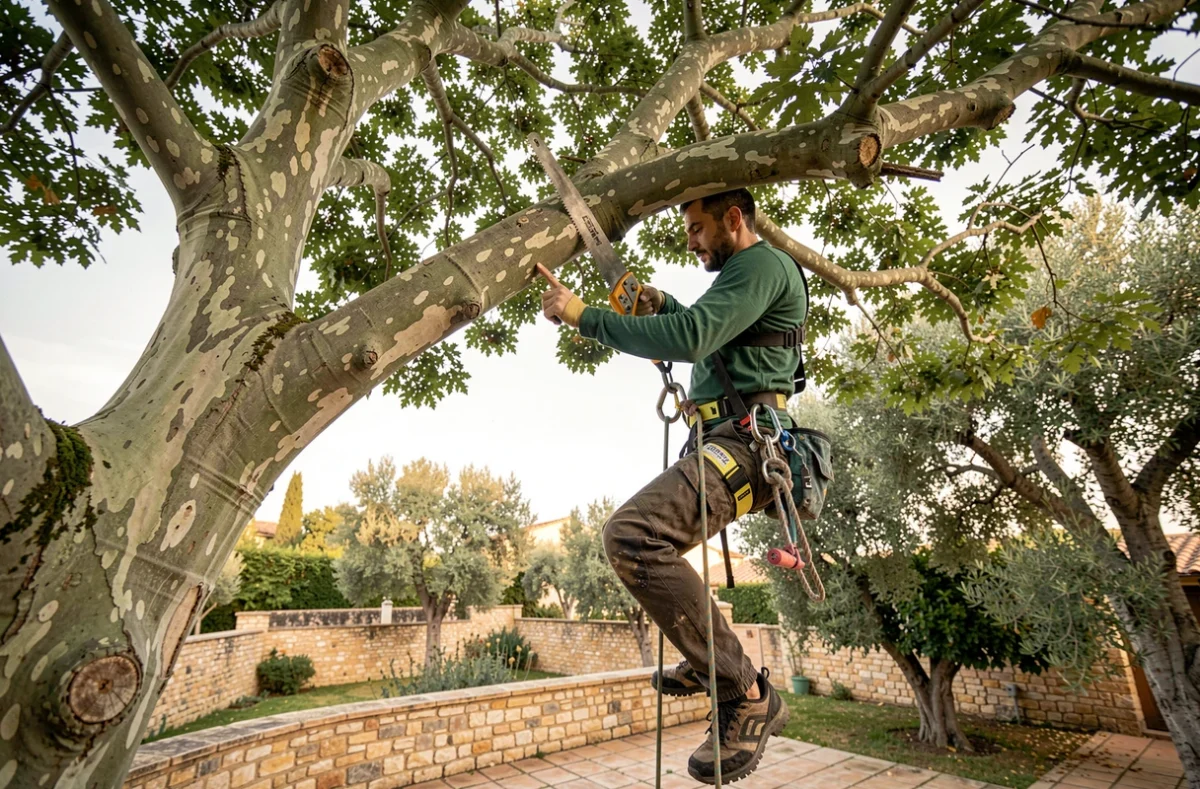 Thom Elagage : arboriste grimpeur en train d'élaguer un grand platane dans un jardin résidentiel du Vaucluse