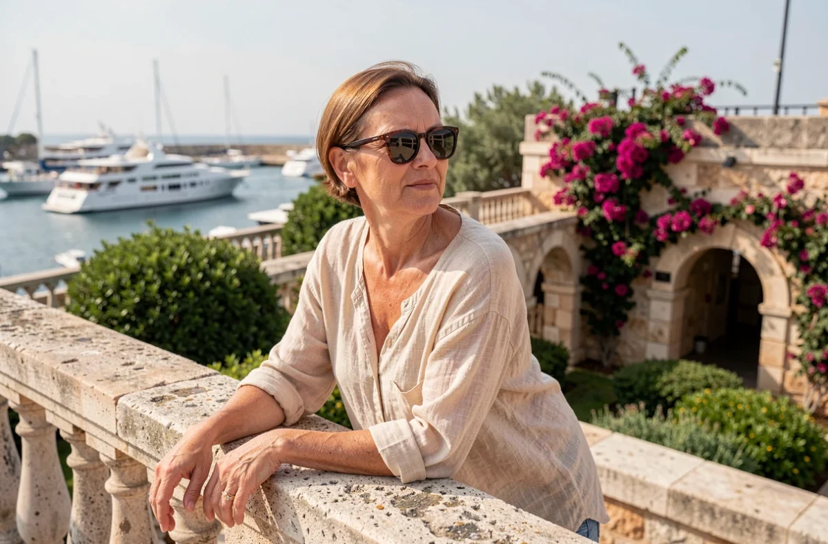Femme admirant la vue depuis la terrasse des jardins Barrakka à La Valette avec la balustrade en pierre de calcaire maltaise au premier plan