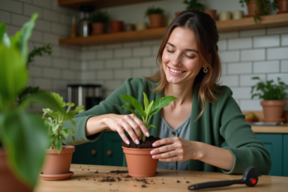 Femme transplantant une plante dans un pot en terre cuite