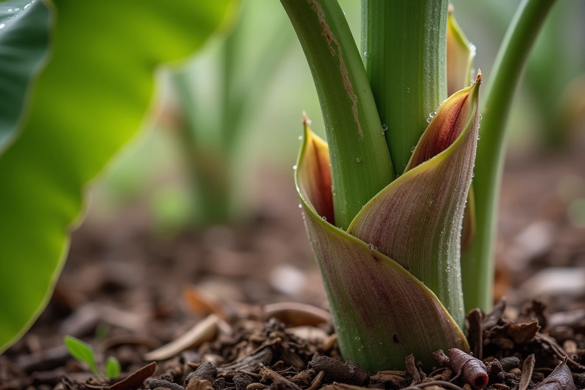 Gros plan sur le tronc fibreux et le bourgeon d'un bananier rustique avec rosée matinale dans un jardin tempéré