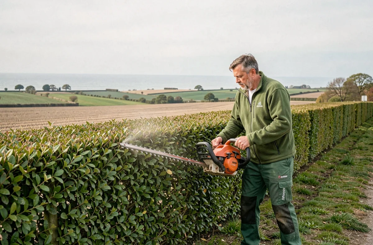 Ouvrier paysagiste de Vert Saintonge en train de tailler une longue haie de charme en milieu rural en Charente-Maritime